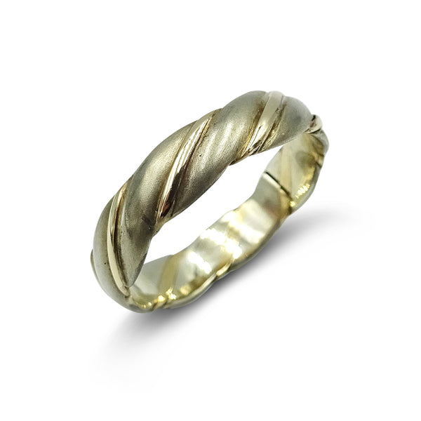 Premium 9ct Yellow and White Gold Matte Textured Twist Detail Band Size M