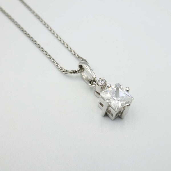 14ct White Gold Square Cut Cubic Zirconia Pendant Necklace 15"