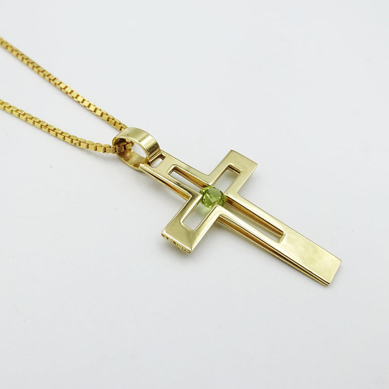 9ct Yellow Gold Cut Out Peridot Crucifix With Box Chain 6.5g - Richard Miles Jewellers