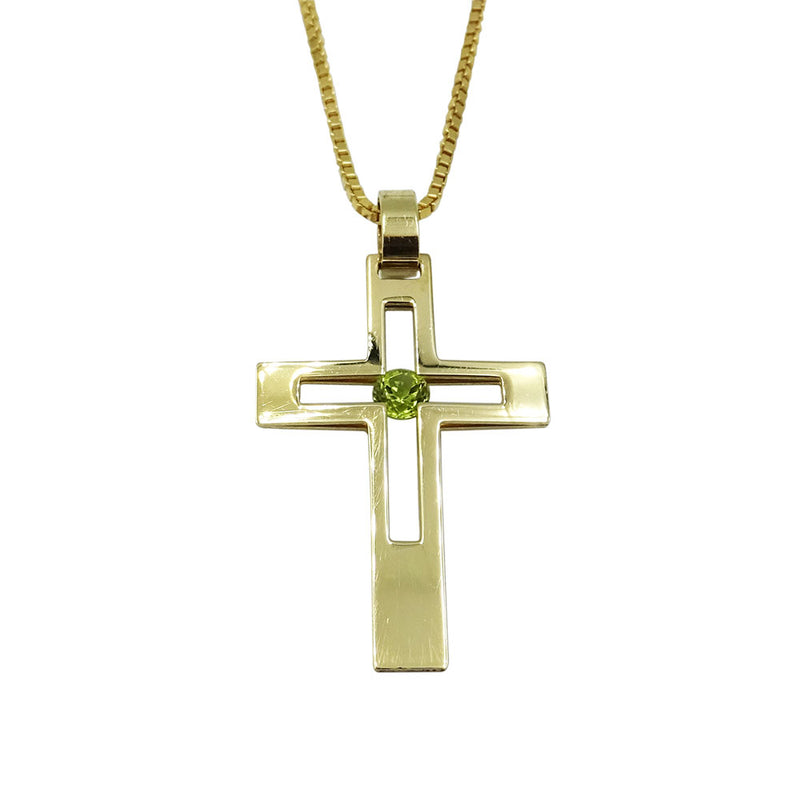 9ct Yellow Gold Cut Out Peridot Crucifix With Box Chain 6.5g - Richard Miles Jewellers