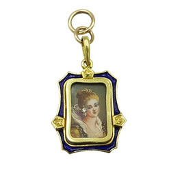 18ct Yellow Gold Blue Enamel Vintage Framed Portrait Pendant 4.5g - Richard Miles Jewellers