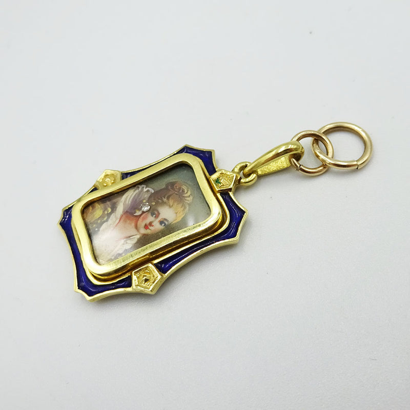 18ct Yellow Gold Blue Enamel Vintage Framed Portrait Pendant 4.5g - Richard Miles Jewellers