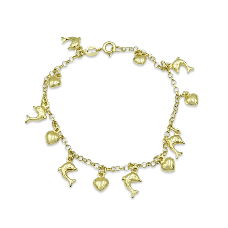 9ct Yellow Gold Dolphin Hearts Charm Bracelet 7"