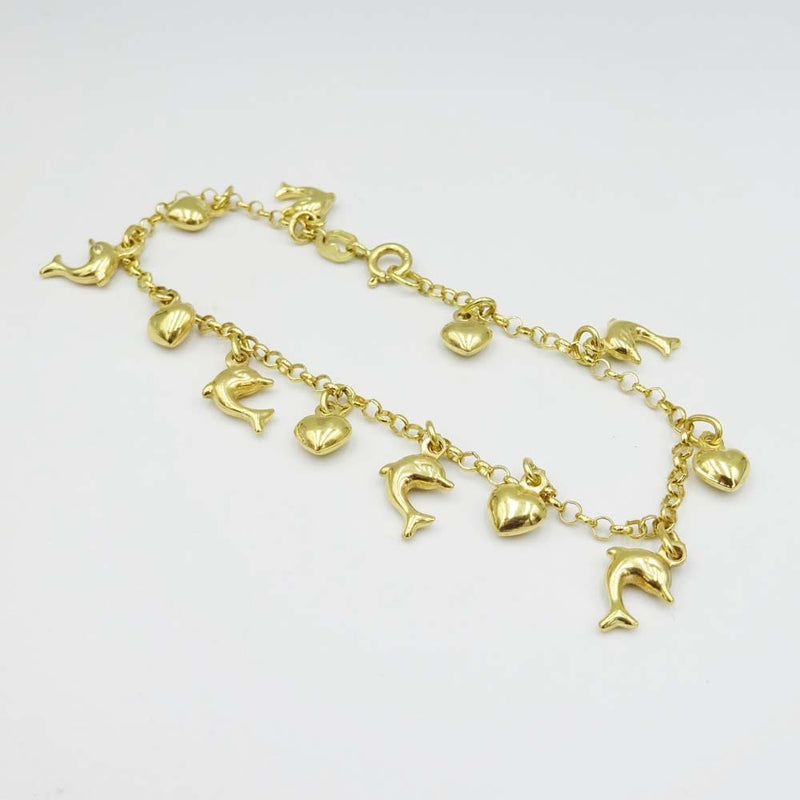9ct Yellow Gold Dolphin Hearts Charm Bracelet 7"