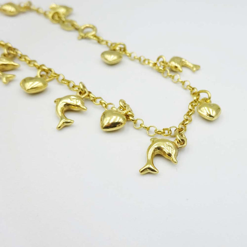9ct Yellow Gold Dolphin Hearts Charm Bracelet 7"