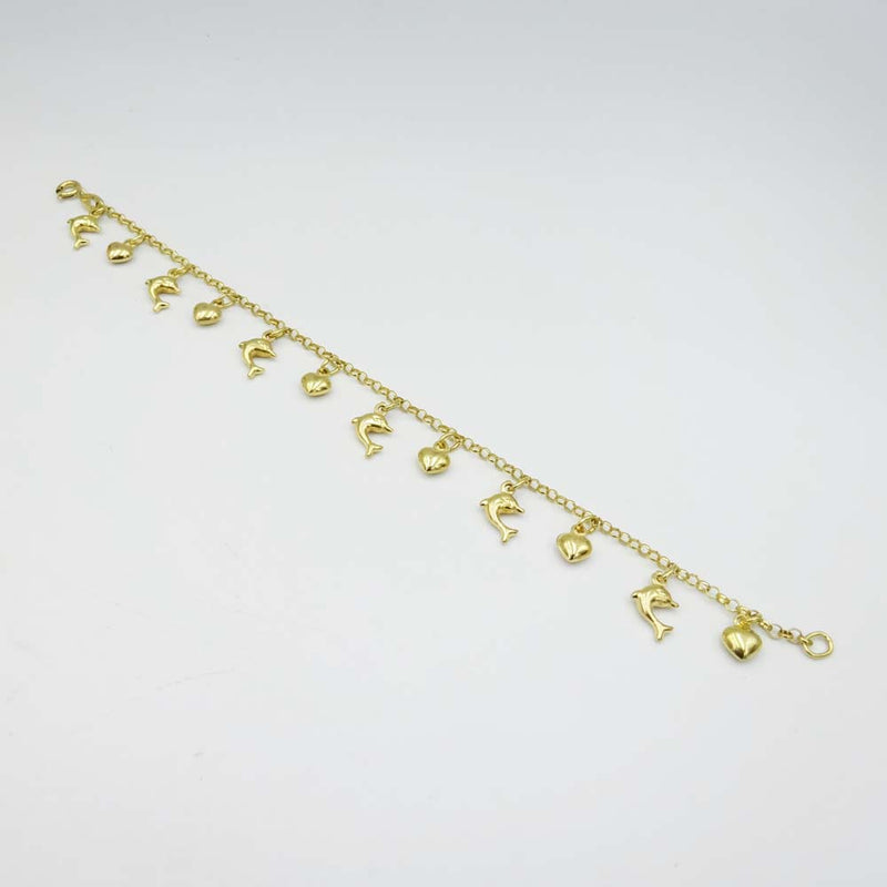 9ct Yellow Gold Dolphin Hearts Charm Bracelet 7"