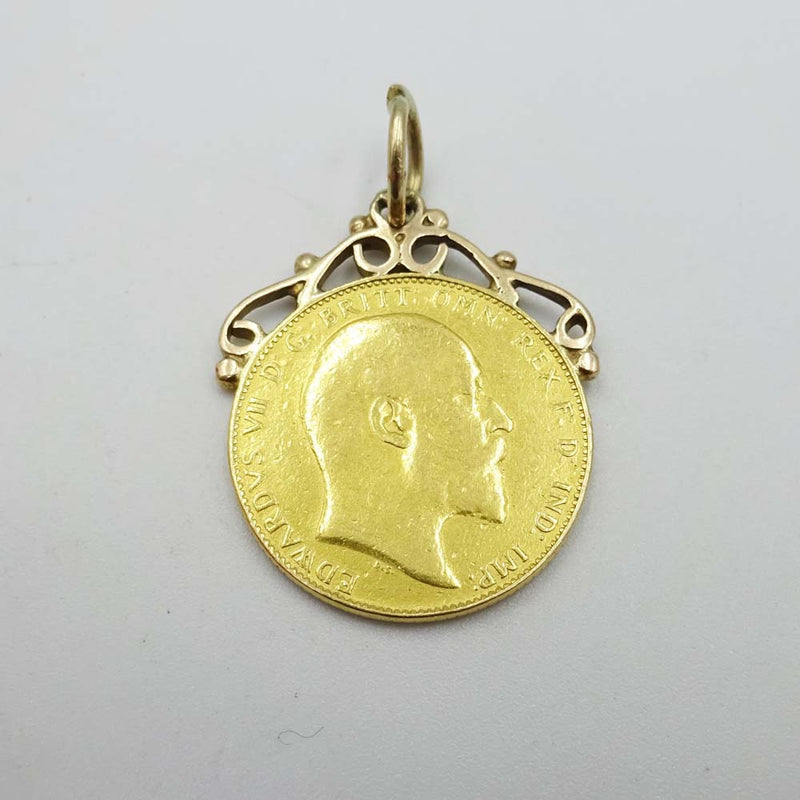 22ct Yellow Gold 1908 Edward VII Full Sovereign Coin With Mount