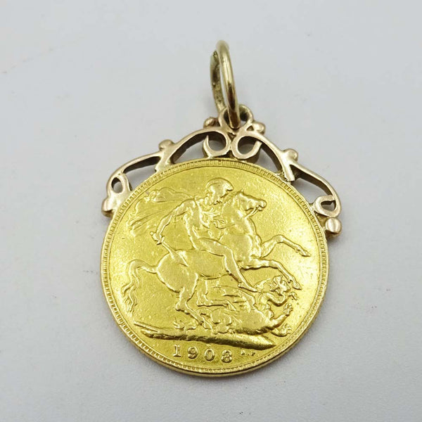 22ct Yellow Gold 1908 Edward VII Full Sovereign Coin With Mount