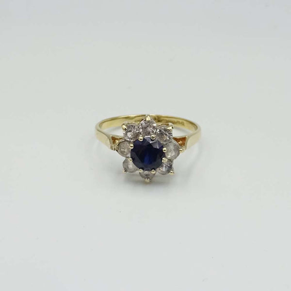 9ct Yellow Gold Sapphire and Cubic Zirconia Cluster Ring Size J