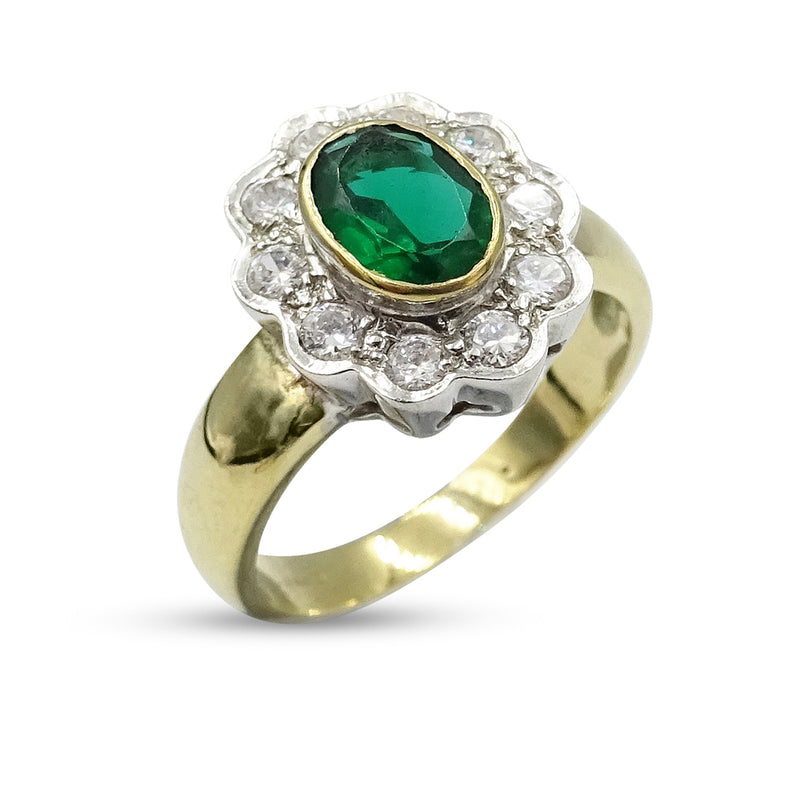 9ct Yellow Gold Synthetic Emerald and Cubic Zirconia Ring Size M