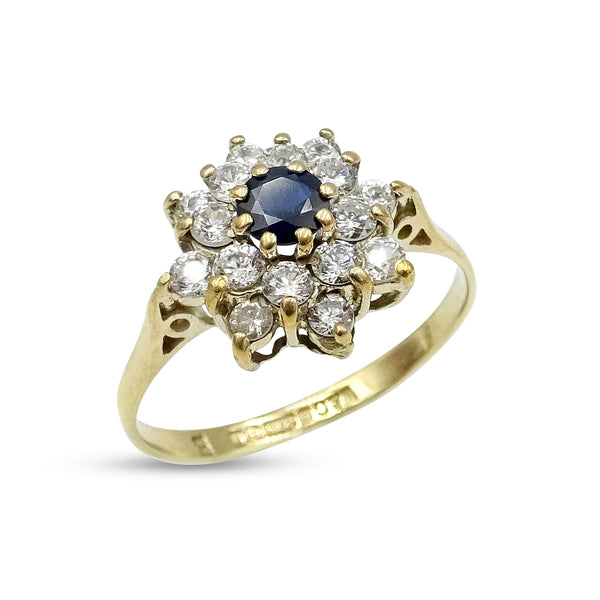 9ct Yellow Gold Sapphire and Cubic Zirconia Cluster Ring Size L