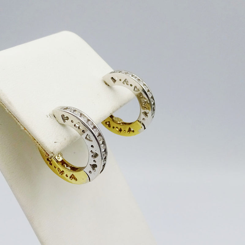 14ct Yellow White Gold Fancy Heart Detailed CZ Hug Style Hoop Earrings 18.9mm 6g - Richard Miles Jewellers