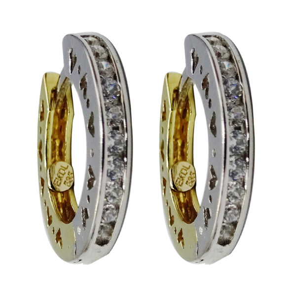 14ct Yellow White Gold Fancy Heart Detailed CZ Hug Style Hoop Earrings 18.9mm 6g - Richard Miles Jewellers