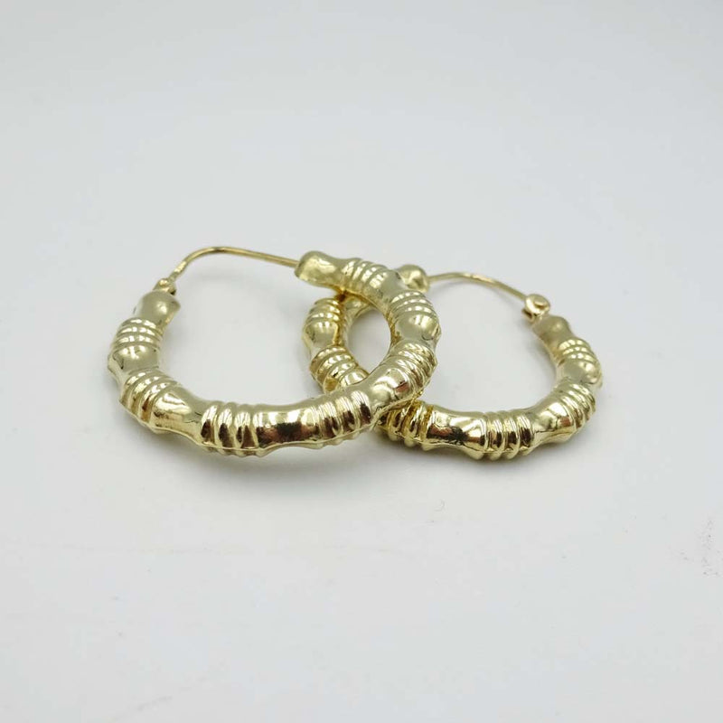9ct Yellow Gold Bamboo Pattern Hoop Earrings 25mm