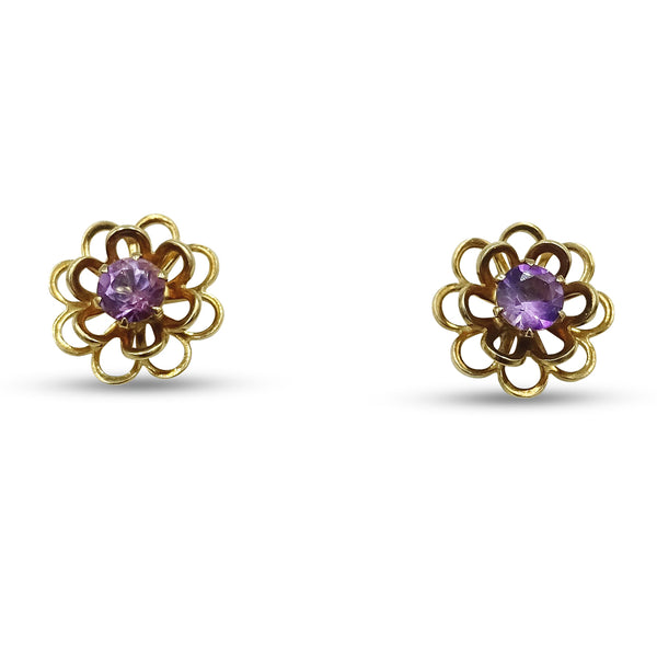 9ct Yellow Gold Floral Amethyst Stud Earrings