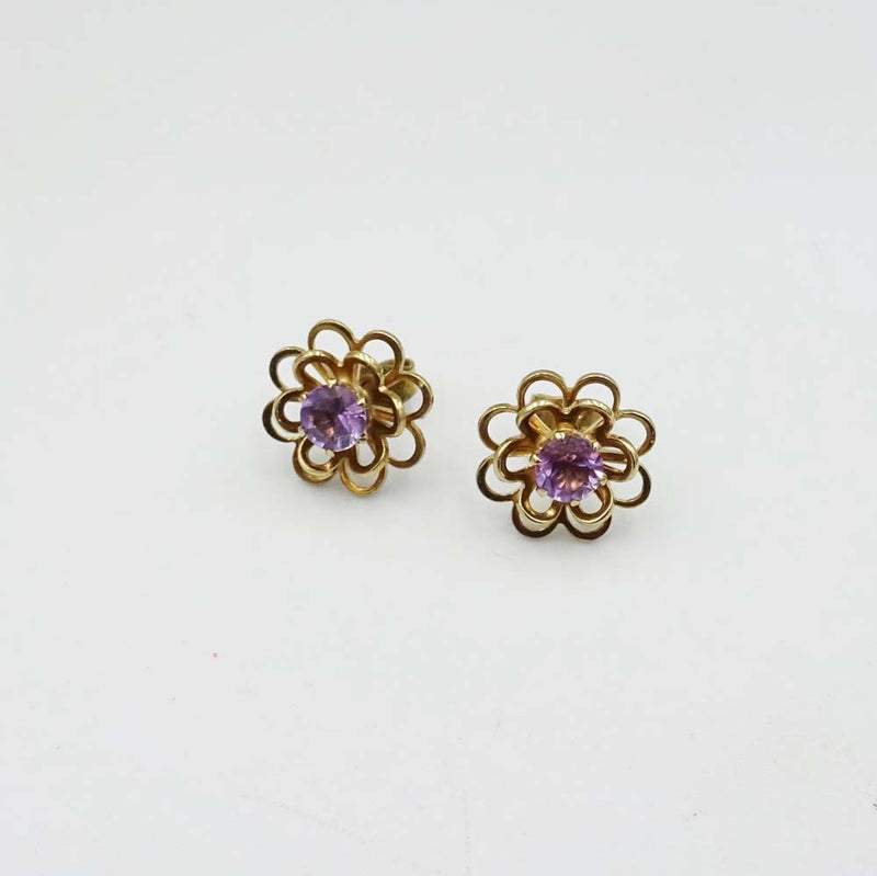 9ct Yellow Gold Floral Amethyst Stud Earrings