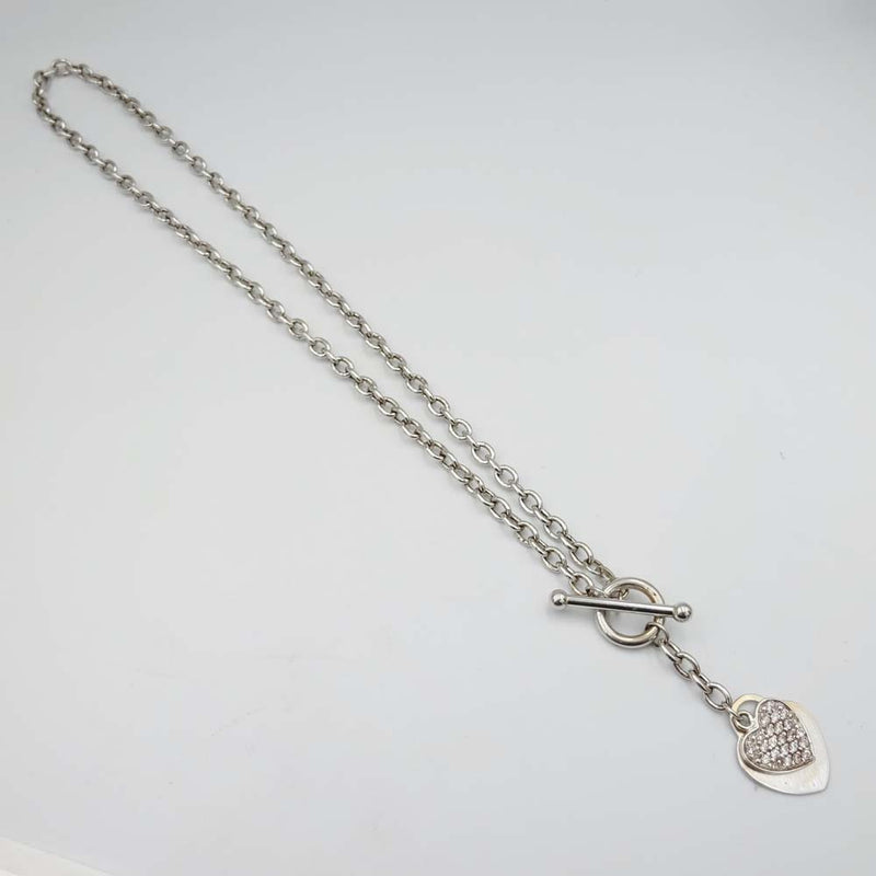 9ct White Gold T-Bar Cubic Zirconia Heart Chain 16"