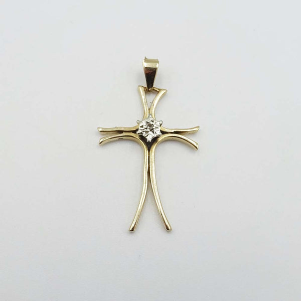 9ct Yellow Gold Fluted Cross Pendant with Small Diamond