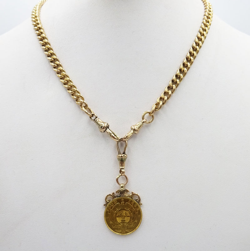 9ct Rose Gold Albert 16inch Chain & 22ct Yellow Gold 1898 South African Pond 22mm - Richard Miles Jewellers