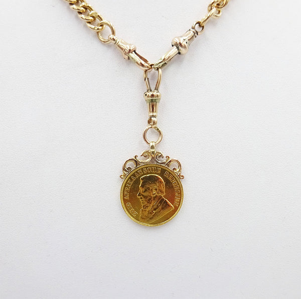 9ct Rose Gold Albert 16inch Chain & 22ct Yellow Gold 1898 South African Pond 22mm - Richard Miles Jewellers