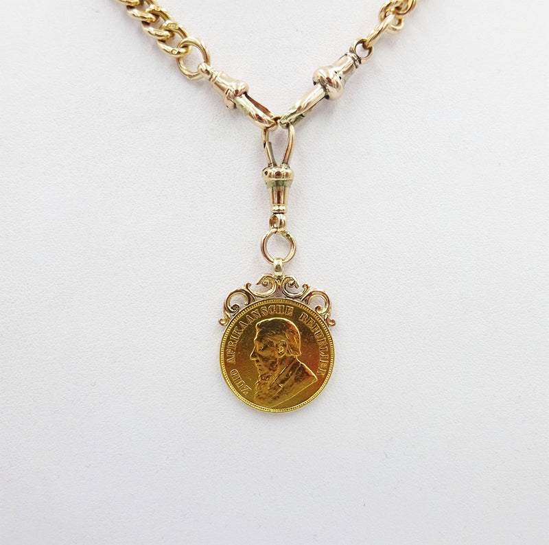9ct Rose Gold Albert 16inch Chain & 22ct Yellow Gold 1898 South African Pond 22mm - Richard Miles Jewellers