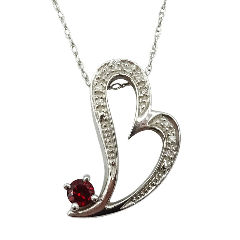 9ct White Gold Diamond & Garnet Heart Pendant With 18" Spiga Chain - Richard Miles Jewellers