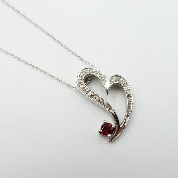 9ct White Gold Diamond & Garnet Heart Pendant With 18" Spiga Chain - Richard Miles Jewellers