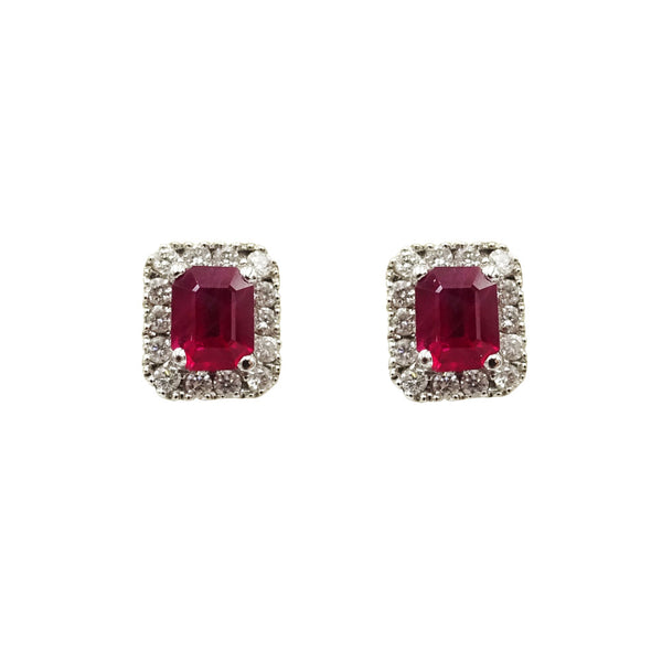 18ct White Gold Ruby & Diamond Emerald Cut Earrings - Richard Miles Jewellers