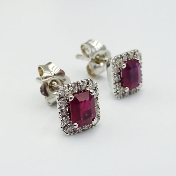 18ct White Gold Ruby & Diamond Emerald Cut Earrings - Richard Miles Jewellers