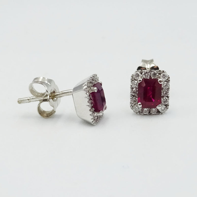 18ct White Gold Ruby & Diamond Emerald Cut Earrings - Richard Miles Jewellers