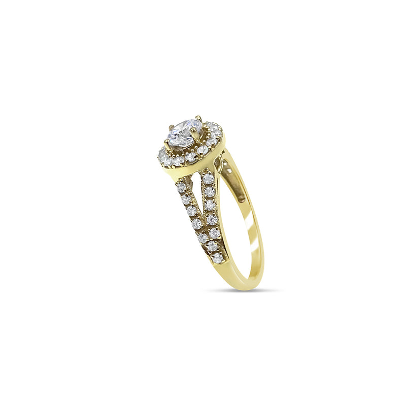 18ct Yellow Gold 750 UK Hall Marked CZ Halo Two Shoulder Ladies Ring Size N 3.4g - Richard Miles Jewellers