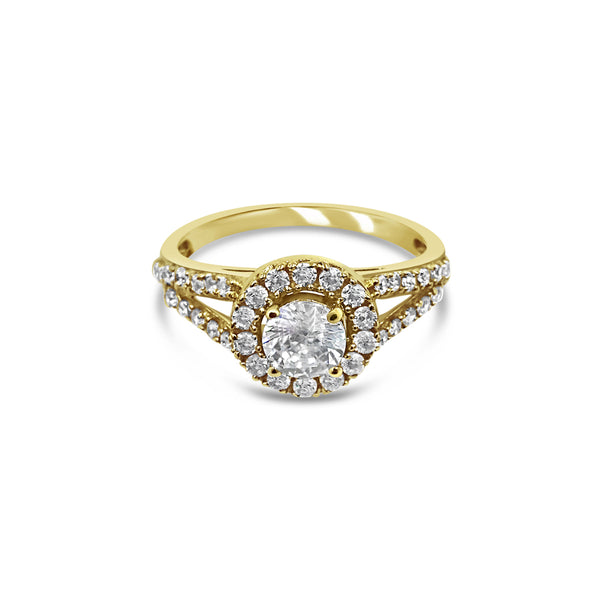 18ct Yellow Gold 750 UK Hall Marked CZ Halo Two Shoulder Ladies Ring Size N 3.4g - Richard Miles Jewellers
