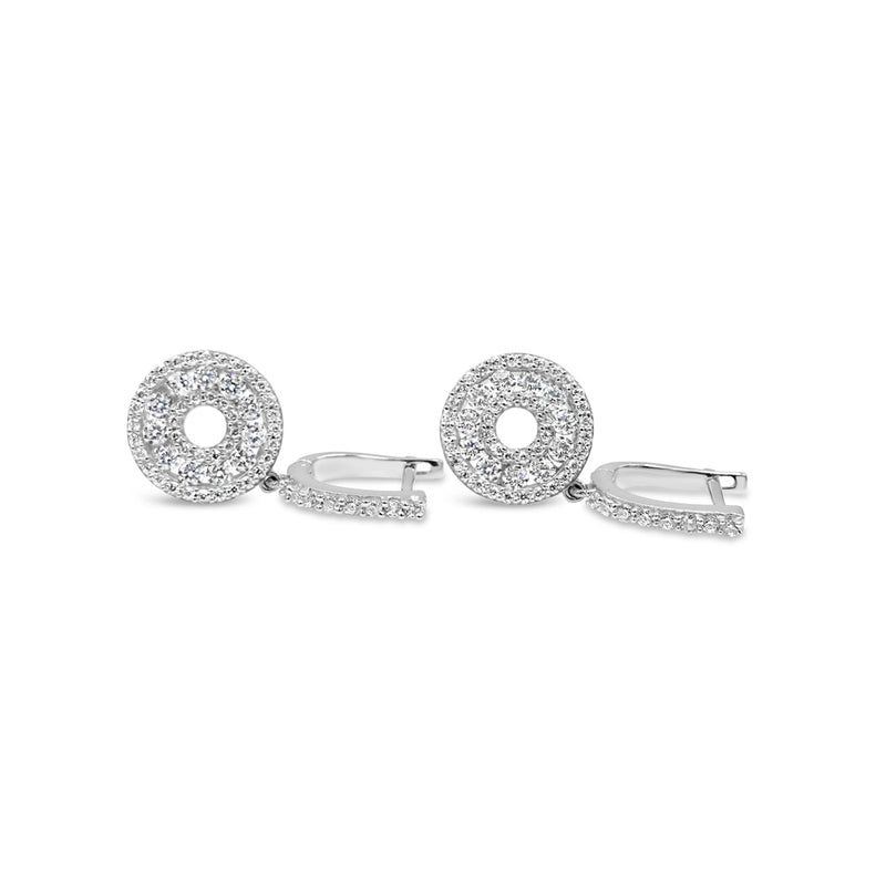 18ct White Gold Double Circle Cubic Zirconia Cluster Drop Earrings - Richard Miles Jewellers