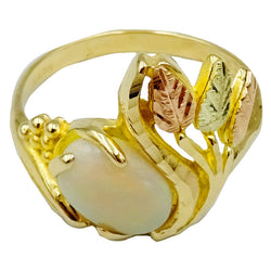 9ct Yellow Rose Gold Cabochon Opal Floral Patterned Design Ladies Ring Size N 3.5g - Richard Miles Jewellers