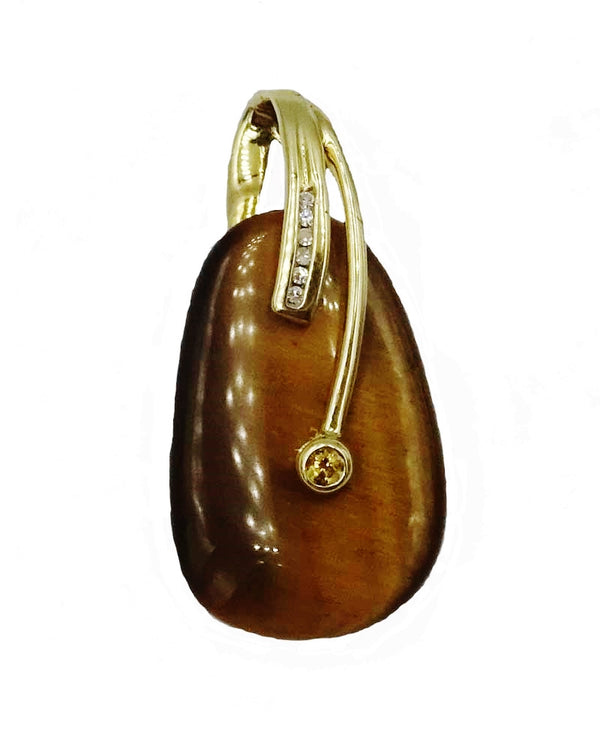 9ct 375 Hall Marked Gold Tiger Eye 0.06ct Diamond & Citrine Stone Pendant 5.3g 35.3mm - Richard Miles Jewellers