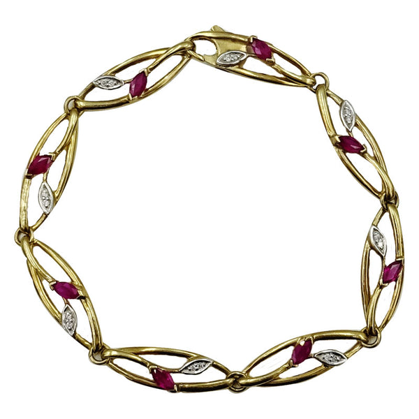 9ct Yellow Gold Oval Ruby & 0.16ct Diamond Fancy Floral Ladies Bracelet 7.25inch 7.3g - Richard Miles Jewellers