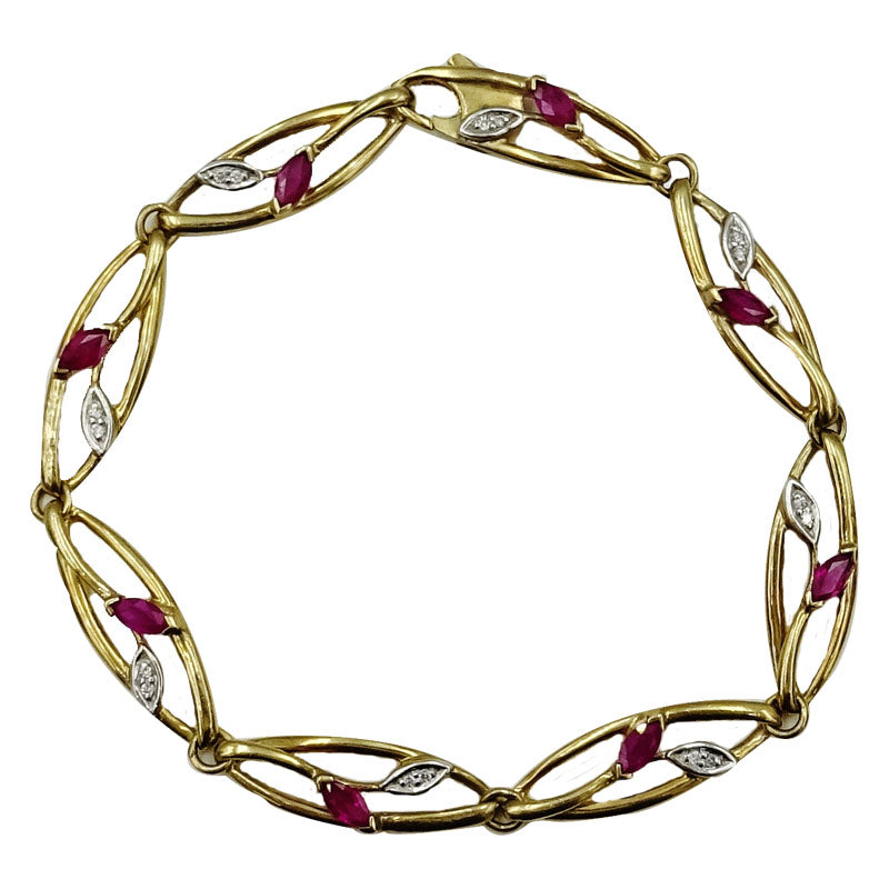 9ct Yellow Gold Oval Ruby & 0.16ct Diamond Fancy Floral Ladies Bracelet 7.25inch 7.3g - Richard Miles Jewellers