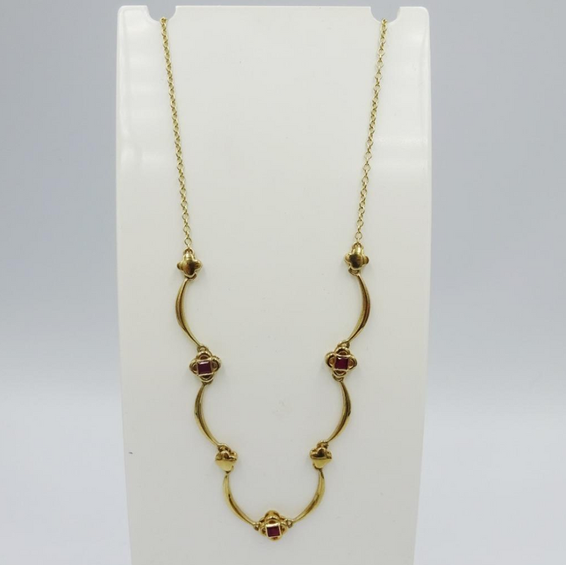 9ct Yellow Gold Ruby Floral Link Necklace 16"