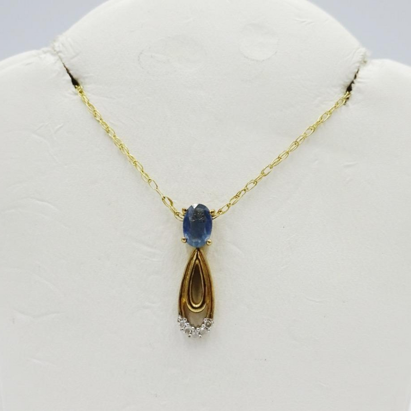 9ct Yellow Gold Sapphire and Diamond Pendant Necklace 18" chain